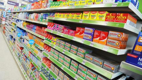 Headache drugs on supermarket/pharmacy shelf