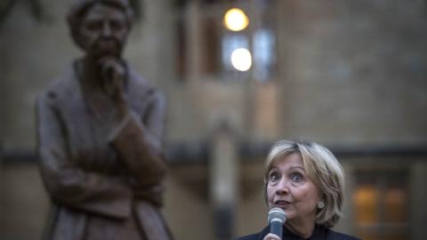 Hillary Clinton speaking after unveiling a statue of Eleanor Roosevelt outside the Bonavero Institute in Oxford, on the 70th anniversary of the Universal Declaration of Human Rights