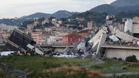 A general view of the collapsed Morandi Bridge in the port city of Genoa, Italy August 14, 2018.