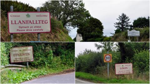 Llanfallteg, Efailwen and Login signs - all in the wrong place