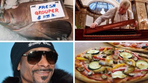 Clockwise from bottom left: Snoop Dogg, Grouper, Professor Geoffrey Lancaster, expert on the First Fleet piano, and pizza.