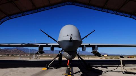 U.S. Air Force MQ-9 Reaper drone sits in a hanger at Creech Air Force Base