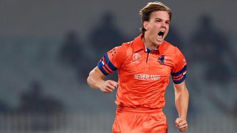 The Netherlands' Bas de Leede celebrates a wicket in their victory over Bangladesh at the Cricket World Cup