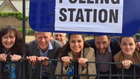 Heidi Allen with campaigners at polling station