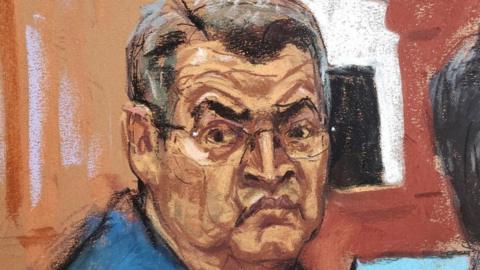 Honduras ex-President Juan Orlando Hernandez attends his trial on U.S. drug trafficking charges in federal court in the Manhattan borough of New York City, U.S., February 20, 2024 in this courtroom sketch.
