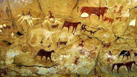 Depicting of a pastoral scene in a cave painting in the Ennedi desert
