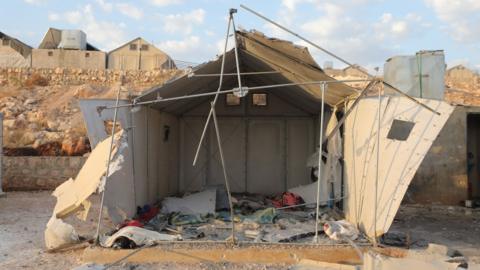 Damaged shelter after a reported rocket strike on Maram camp for displaced people in Idlib province, Syria (6 November 2022)
