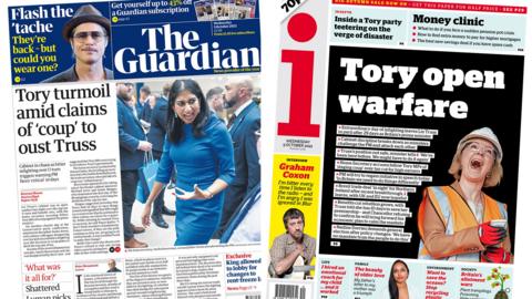 The headline in The Guardian reads 'Tory turmoil amid claims of 'coup' to oust Truss' and the headline in the i reads 'Tory open warfare'.