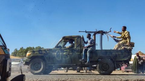 Sudanese army soldiers patrol in Gedaref in eastern Sudan