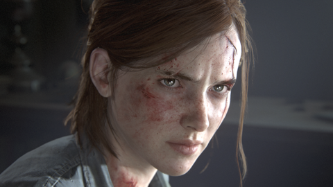 A young woman with hair tied back, but strands of loose hair suggesting she's recently exerted herself or been involved in a struggle. She's bleeding from a small gash on her forehead and is spattered with spots of blood. She's staring intensely at someone just out of shot.