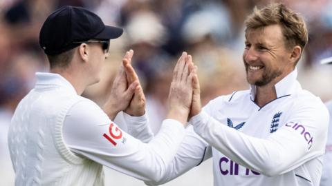 Joe Root celebrates a wicket with Harry Brook