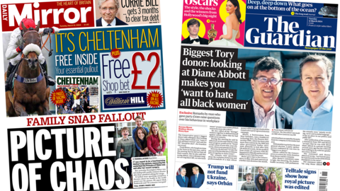 The headline in the Mirror reads, "Family snap fallout: Picture of chaos", while the headline in the Guardian reads, "Biggest Tory donor: looking at Diane Abbott makes you 'want to hate all black women'".