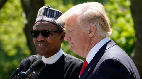 US President Donald Trump and Nigeria"s President Muhammadu Buhari take part in a joint press conference in the Rose Garden of the White House on April 30, 2018 in Washington, DC.