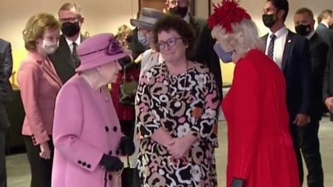 The Queen talking to Duchess of Cornwall and the Welsh parliament's presiding officer.