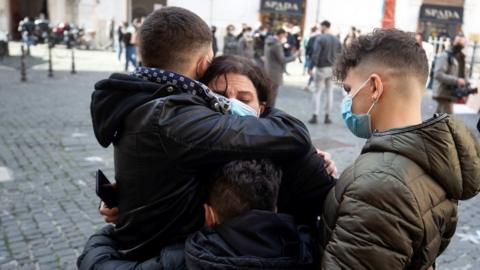 Fisherman's relatives celebrate men's release in Rome, 17 Dec 20