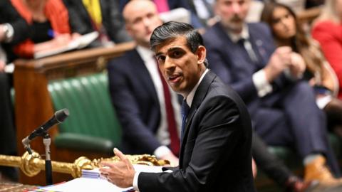British Prime Minister Rishi Sunak speaks during Prime Minister's Questions, at the House of Commons on February 21