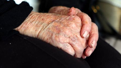 The hands of an elderly woman at home