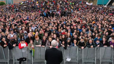 Labour Leader Jeremy Corbyn delivers a speech to a large crowds at a rally in Gateshead