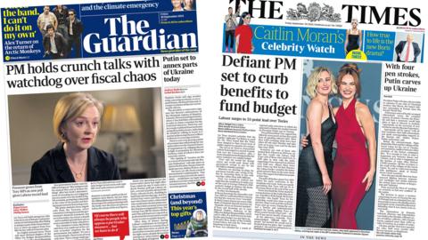 The headline in the Guardian reads, "PM holds crunch talks with watchdog over fiscal chaos", while the headline in the Times reads, "Defiant PM set to curb benefits to fund budget"