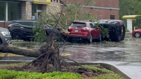 An overturned car and uprooted tree in the wake of a tornado which touched down in Slidell, Louisiana