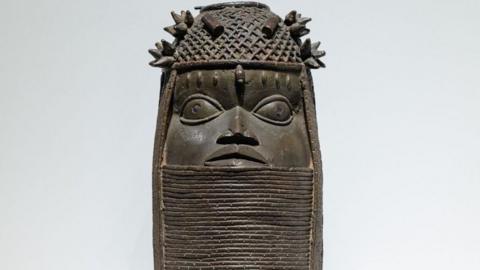 A 'Memorial Head' (Unhunmwun elau, Nigeria, Benin Kingdom, collected in Nigeria and acquired 1898 from Edouard Schmidt) is displayed as part of an exhibition on the 'Benin Bronzes' during a press preview of new exhibition halls ahead of their opening in the east wing of the new Berlin Palace Humboldt Forum in Berlin on September 15, 2022