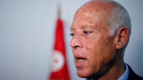 Tunisia President Kais Saied speaks during an interview