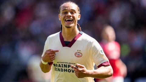 Xavi Simons celebrates a goal for PSV Eindhoven