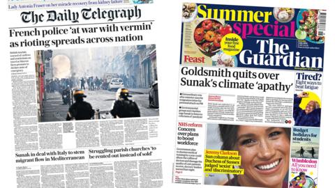 The headline in The Daily Telegraph reads: "French police 'at war with vermin' as rioting spreads across nation and the headline in the Guardian reads: "Goldsmith quits over Sunak's climate 'apathy'