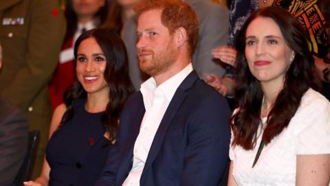 Duke and Duchess of Sussex with New Zealand's Prime Minister Jacinda Ardern