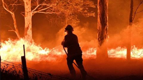 A firefighter tackles a blaze in Nowra, New South Wales (31 Dec 2019)