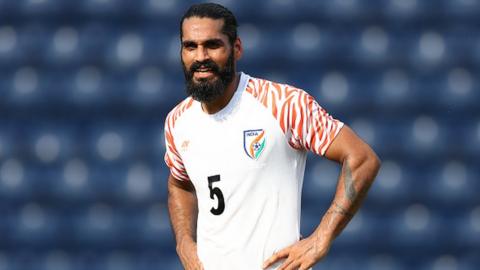 Sandesh Jhingan seen during an international friendly match between Curacao and India at Chang Arena in 2019 in Thailand.