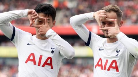 James Maddison and Son Heung-Min celebrate a Spurs equaliser against Arsenal