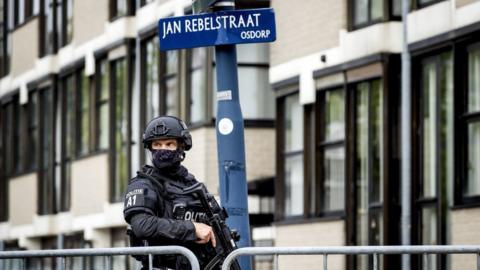 Armed police guarding the "Bunker" high-security courthouse in Amsterdam