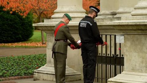 Wreathes were laid at the Welsh National War Memorial in Cathays Park, Cardiff