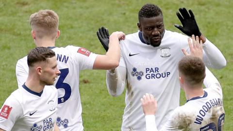 Preston North End celebrate their equaliser against Huddersfield Town