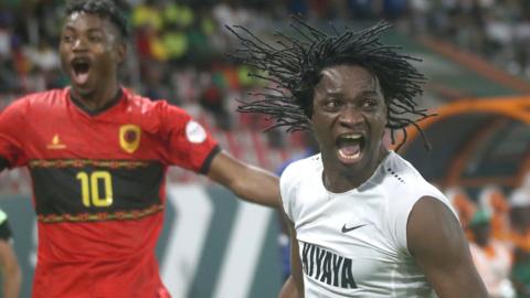 Angola striker Mabululu (right) celebrates his goal against Burkina Faso that helped the country finish top of a Nations Cup group for the first time