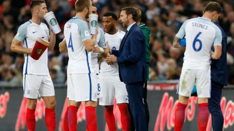 England manager Gareth Southgate, defenders Gary Cahill, John Stones and Eric Dier..