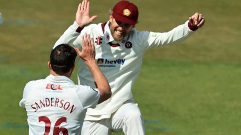 Ben Sanderson and Gareth Berg celebrate a wicket against Sussex