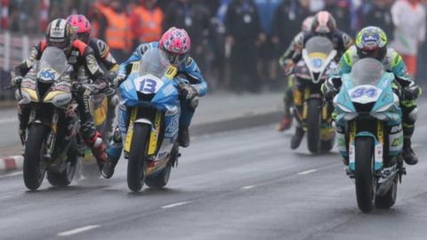 Action from the start of a Supersport race at the last running of the North West 200 in 2019