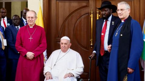 Left-right: Archbishop of Canterbury Justin Welby, Pope Francis, South Sudan President Salva Kiir Mayardit and Church of Scotland Moderator Iain Greenshields, in Juba, South Sudan, 3 February