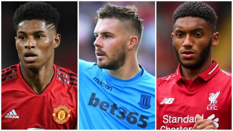 England's Marcus Rashford, Jack Butland, Joe Gomez