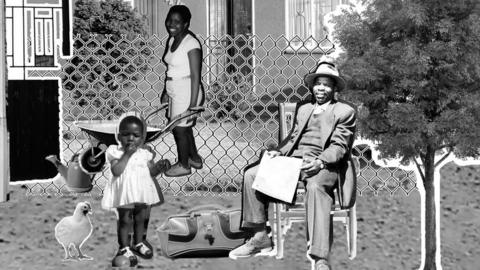 Black and white collage image of a women a man and a small child, a tree, a streetlamp and a door in front of a house
