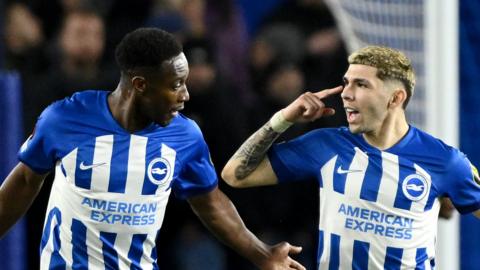 Danny Welbeck scores for Brighton against Roma in the Europa League