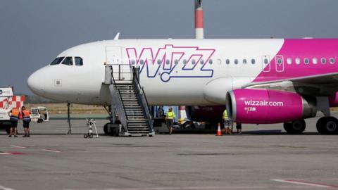 A Wizz Air aircraft on the tarmac at Budapest airport