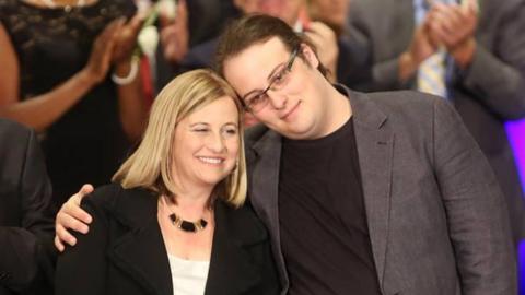 Nashville Mayor Megan Barry appears with her son, Max, after her swearing-in ceremony in Nashville in 2015.