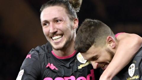 Luke Ayling and Mateusz Klich celebrate Leeds' first-half goal against Middlesbrough