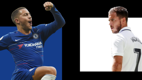 A split graphic of Eden Hazard in Chelsea and Real Madrid colours