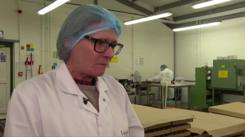 woman in a factory wearing a white coat and a hair net