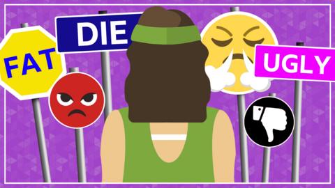 A graphic showing a woman facing away, surrounded by signs saying fat, die, ugly, angry emojis and a thumbs down emoji