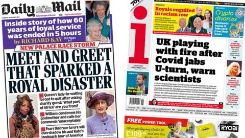 The headline on the front page of the Daily Mail reads 'Meet and greet that sparked a royal disaster' and the headline on the front page of the I newspaper reads 'UK playing with fire after Covid jabs U-turn, warn scientists'